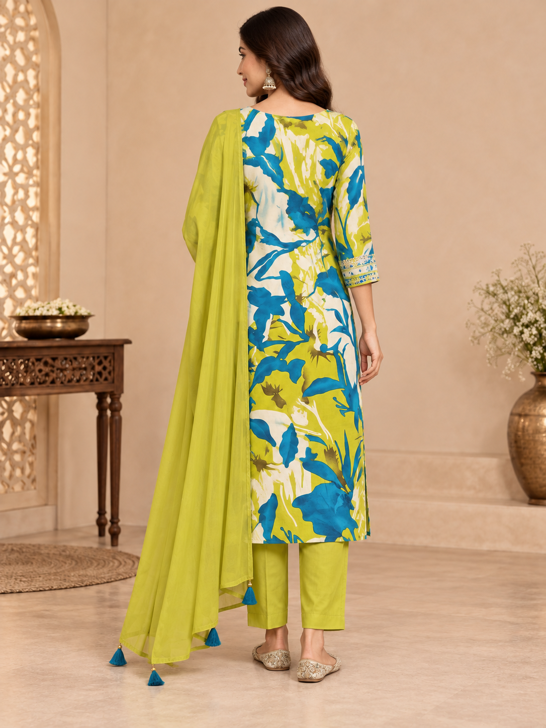 Women’s Lime Green & Blue Floral Printed Suit Fabric with Embroidered Neck & Matching Dupatta | Ethnic Dress Material