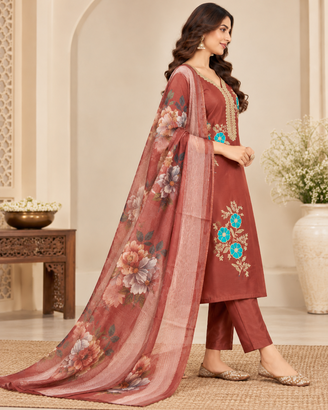 A woman models a traditional Indian salwar kameez suit set in a warm, neutral indoor setting. The set features a rust-brown kameez kurta with gold and turquoise embroidery, matching brown pants, and a sheer dusty-rose dupatta with a floral print.