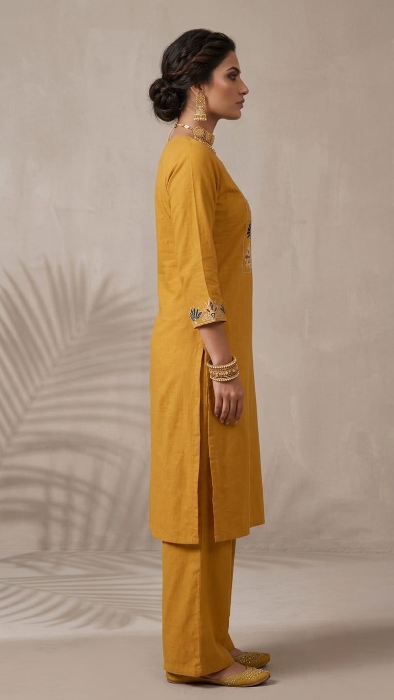 Designer Dabu Cotton Yellow Co-ord Set With Embroidery work