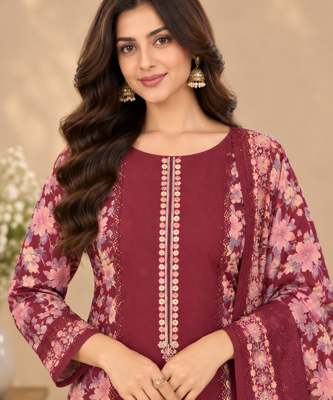 A woman models a traditional Indian salwar kameez suit set in deep maroon. The set features a long-sleeved tunic with intricate floral embroidery and gold zari detailing, matching trousers, and a coordinating dupatta with a floral border.