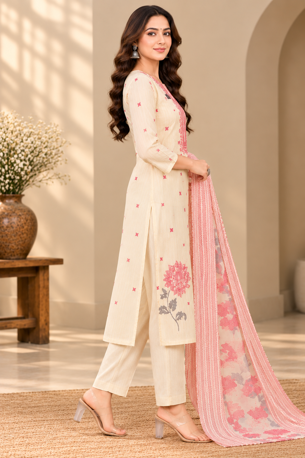 Women’s Cream and Pink Embroidered Unstitched Salwar Suit Set with Floral Printed Dupatta | 3 Piece Ethnic Dress Material for Women