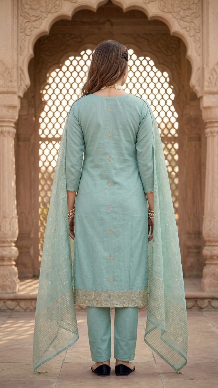 A woman models a light blue-green (mint/teal) traditional Indian salwar kameez suit with gold embroidery and a matching dupatta, set against a historic sandstone courtyard with arches.