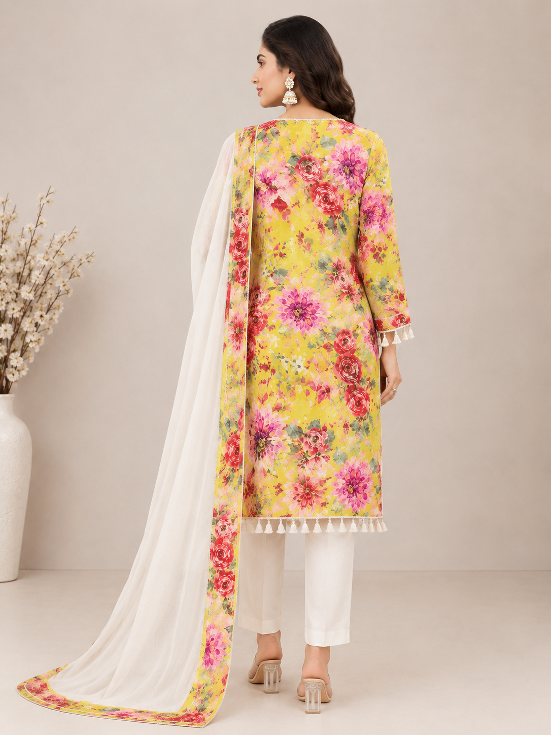 Women’s Yellow Floral Handwork Embroidered Cotton Kurta Set with Dupatta