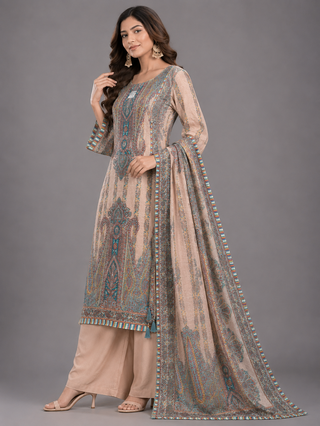 Beige & Teal Kashmiri Paisley Unstitched Suit Set