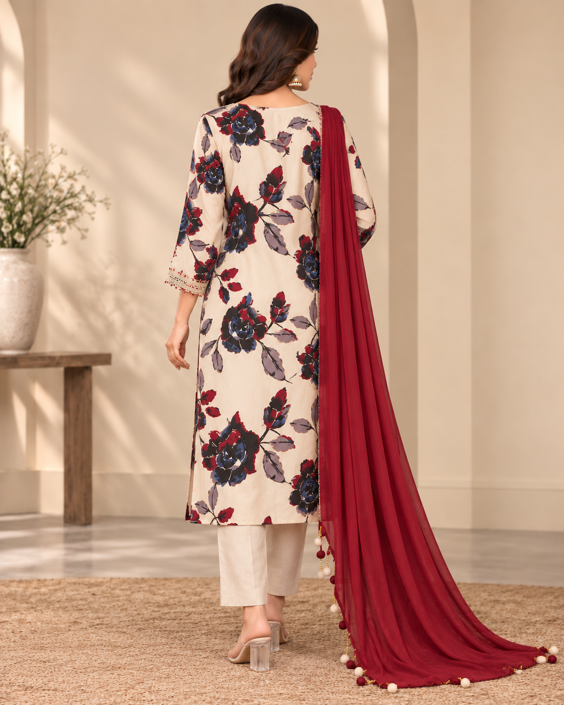 Women’s Floral Printed Ethnic Suit Material with Embroidered Neck Design