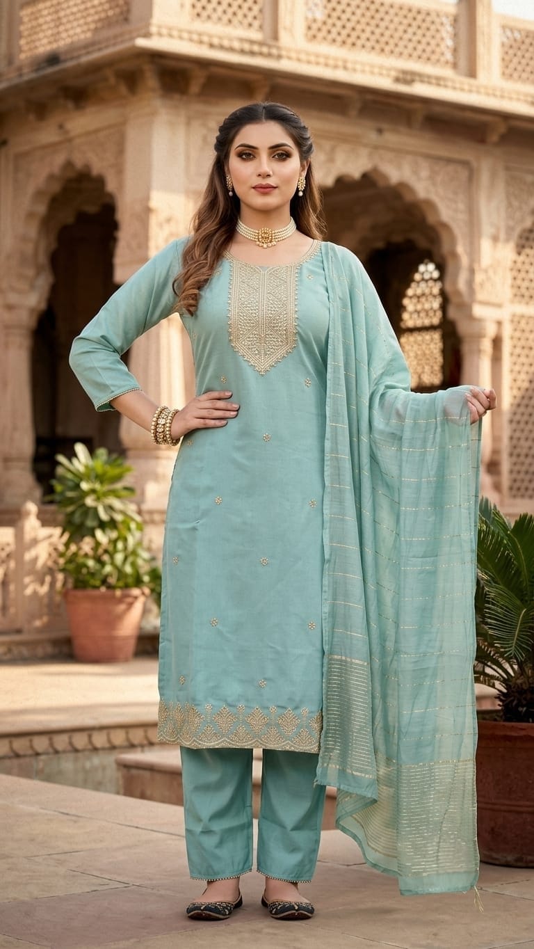 A woman models a light blue-green (mint/teal) traditional Indian salwar kameez suit with gold embroidery and a matching dupatta, set against a historic sandstone courtyard with arches.