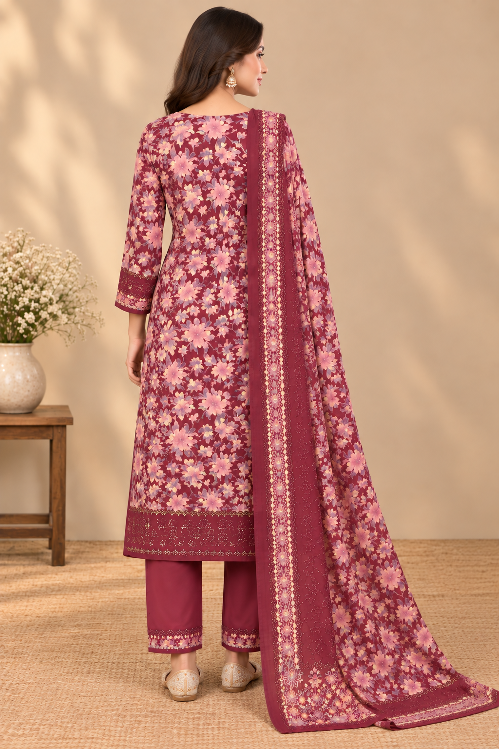 A woman models a traditional Indian salwar kameez suit set in deep maroon. The set features a long-sleeved tunic with intricate floral embroidery and gold zari detailing, matching trousers, and a coordinating dupatta with a floral border.
