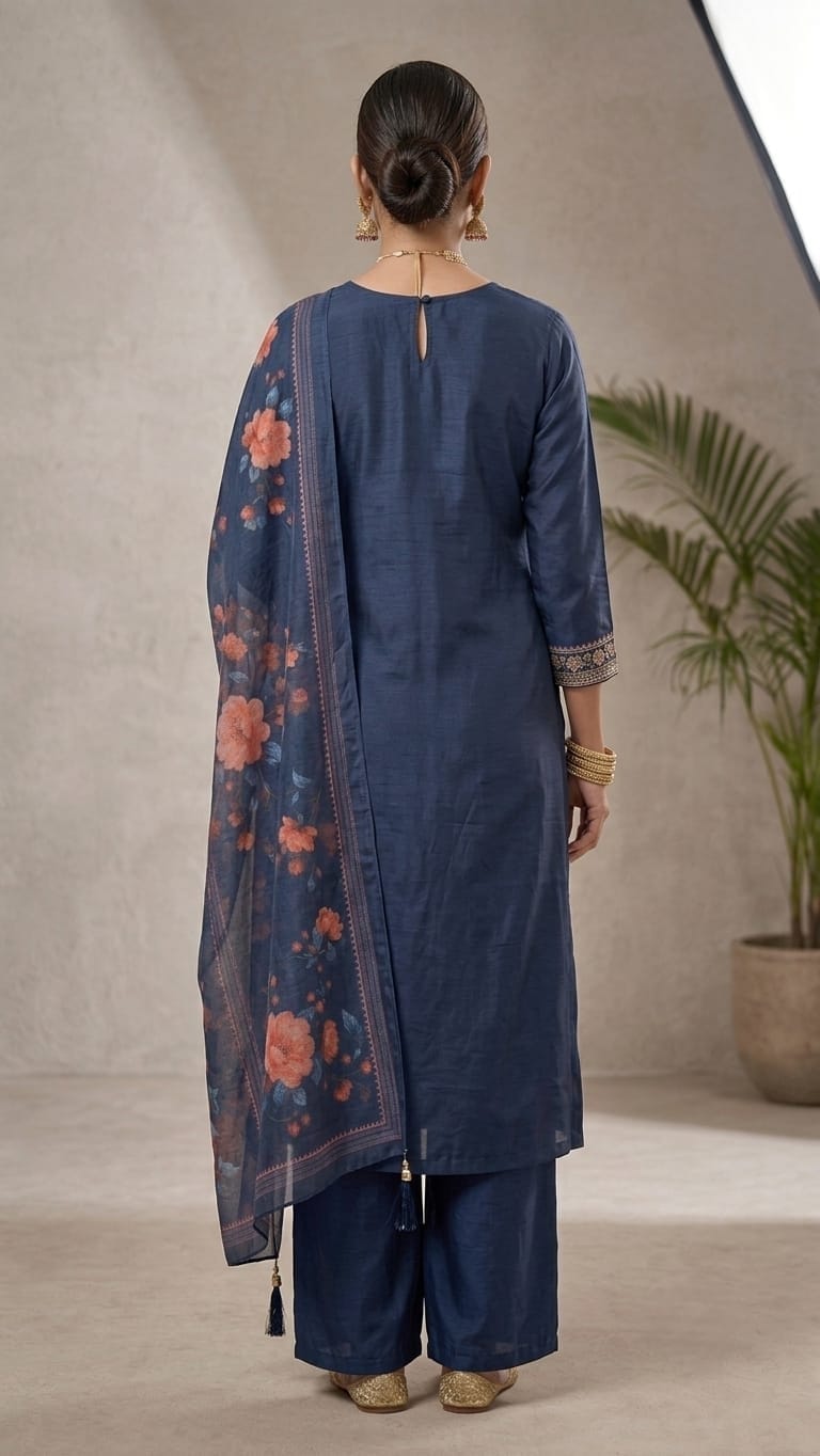 A woman models a navy blue Indian ethnic suit set featuring a kurta with gold embroidery, matching palazzo pants, and a floral printed dupatta, set against a neutral indoor background with a potted plant.