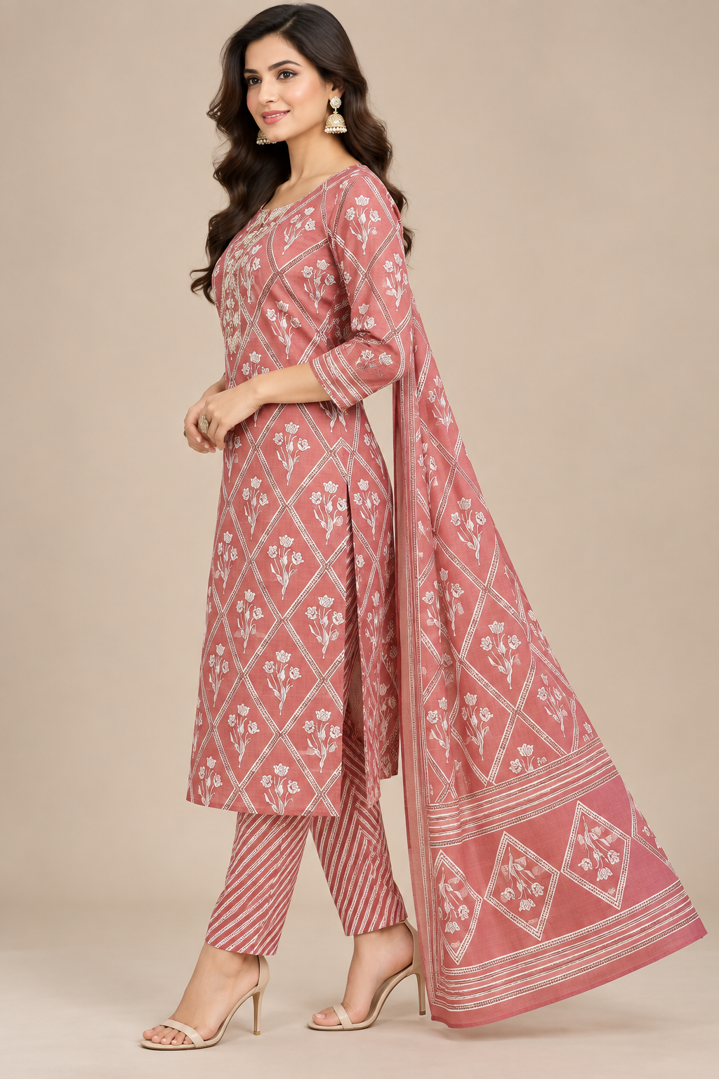 Women Pink Floral Printed Unstitched 3-Piece Suit Set with Embroidered Neckline & Matching Printed Dupatta