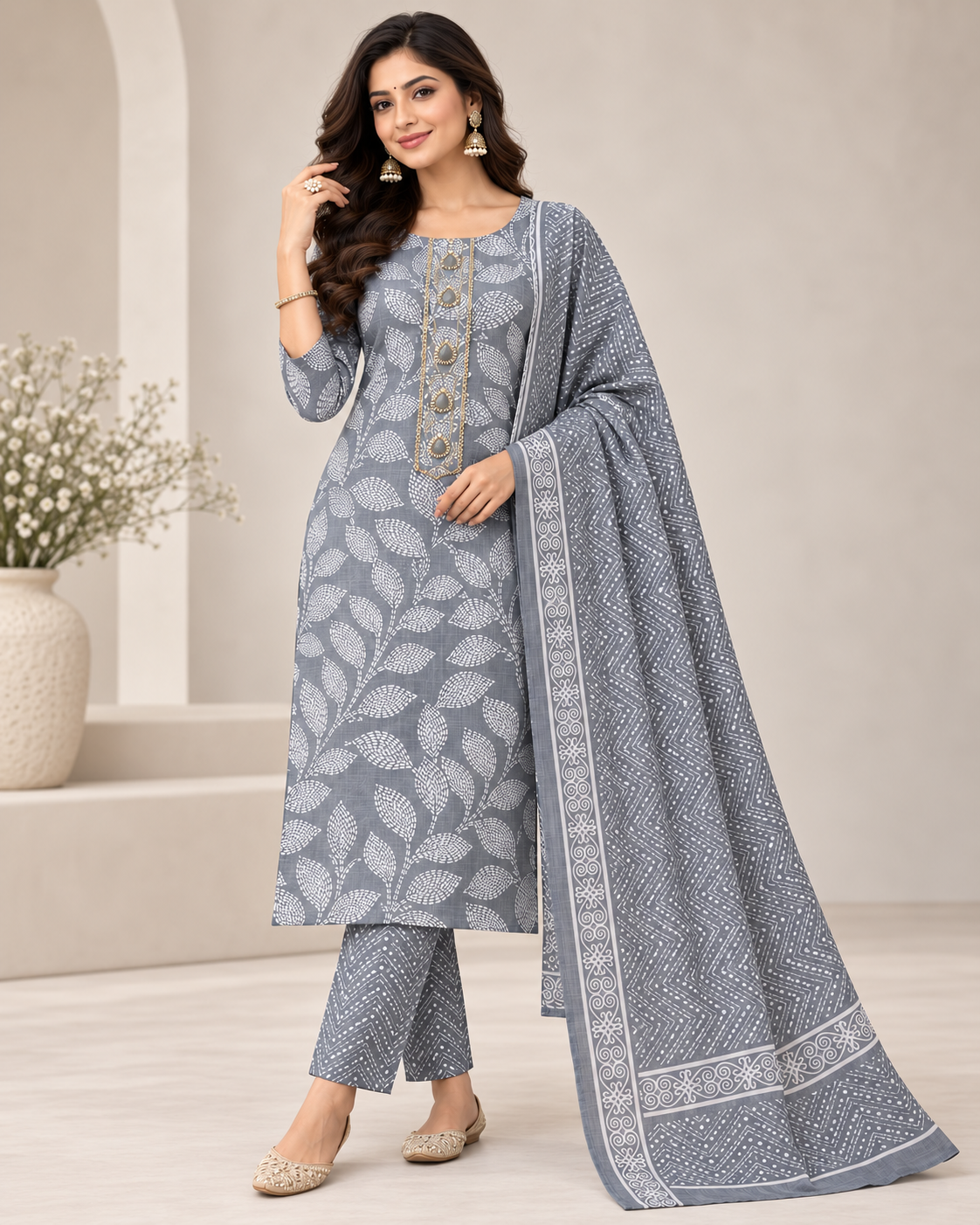 Women Grey Floral Printed Unstitched 3-Piece Suit Set with Printed Kurta, Matching Bottom & Dupatta