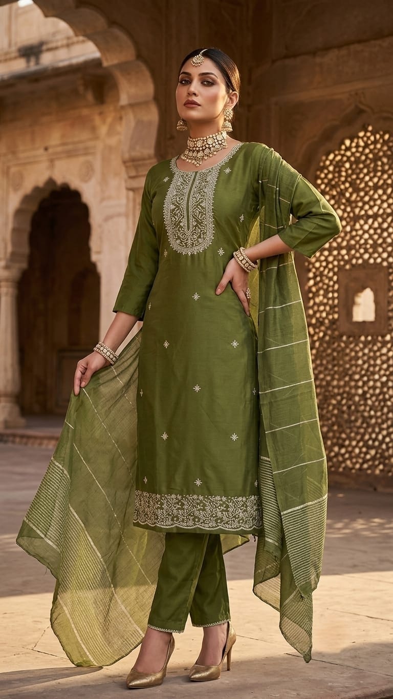 A woman models an olive green ethnic salwar kameez suit with matching dupatta in an outdoor architectural setting. The suit features silver embroidery on the neckline and hem, paired with olive green trousers.