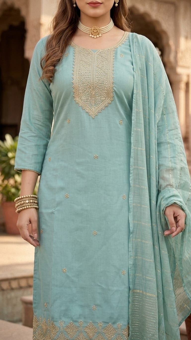 A woman models a light blue-green (mint/teal) traditional Indian salwar kameez suit with gold embroidery and a matching dupatta, set against a historic sandstone courtyard with arches.
