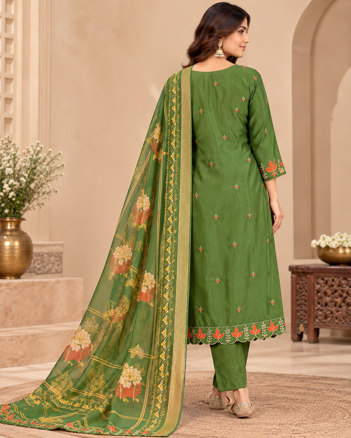 Women’s Olive Green Floral Embroidered Readymade Suit Set with Matching Pants & Printed Dupatta | 3 Piece Ethnic Wear Set for Festive and Party Wear
