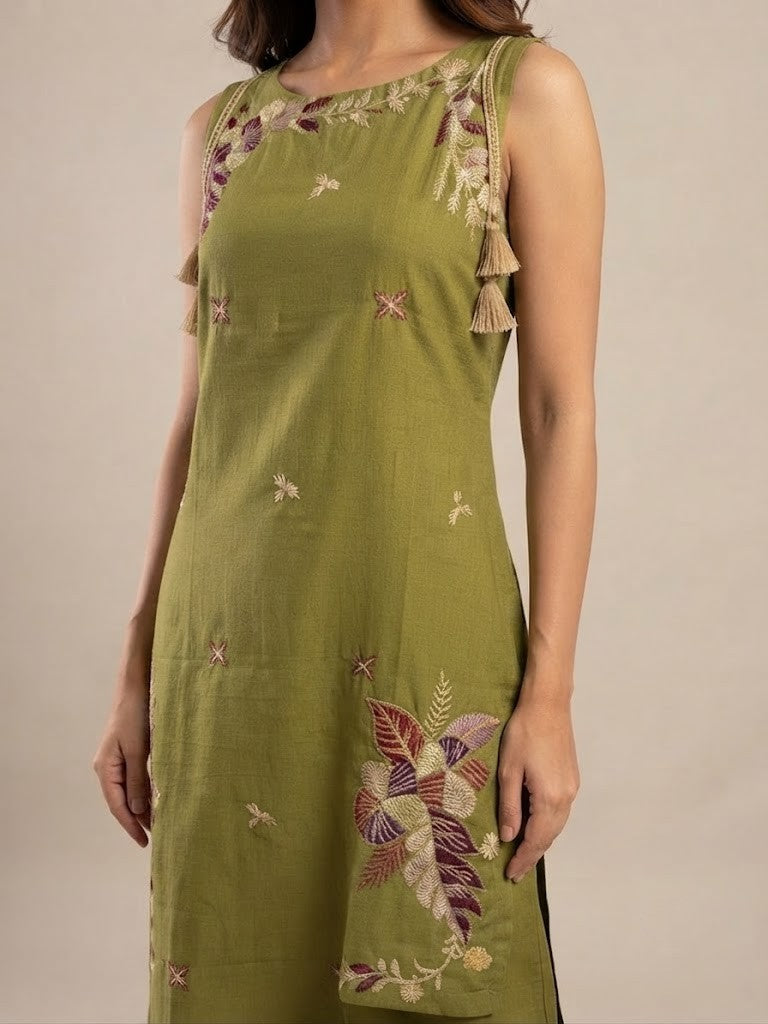 A woman modeling an olive green kurta and wide-leg pants set with floral embroidery, photographed against a solid beige studio background.
