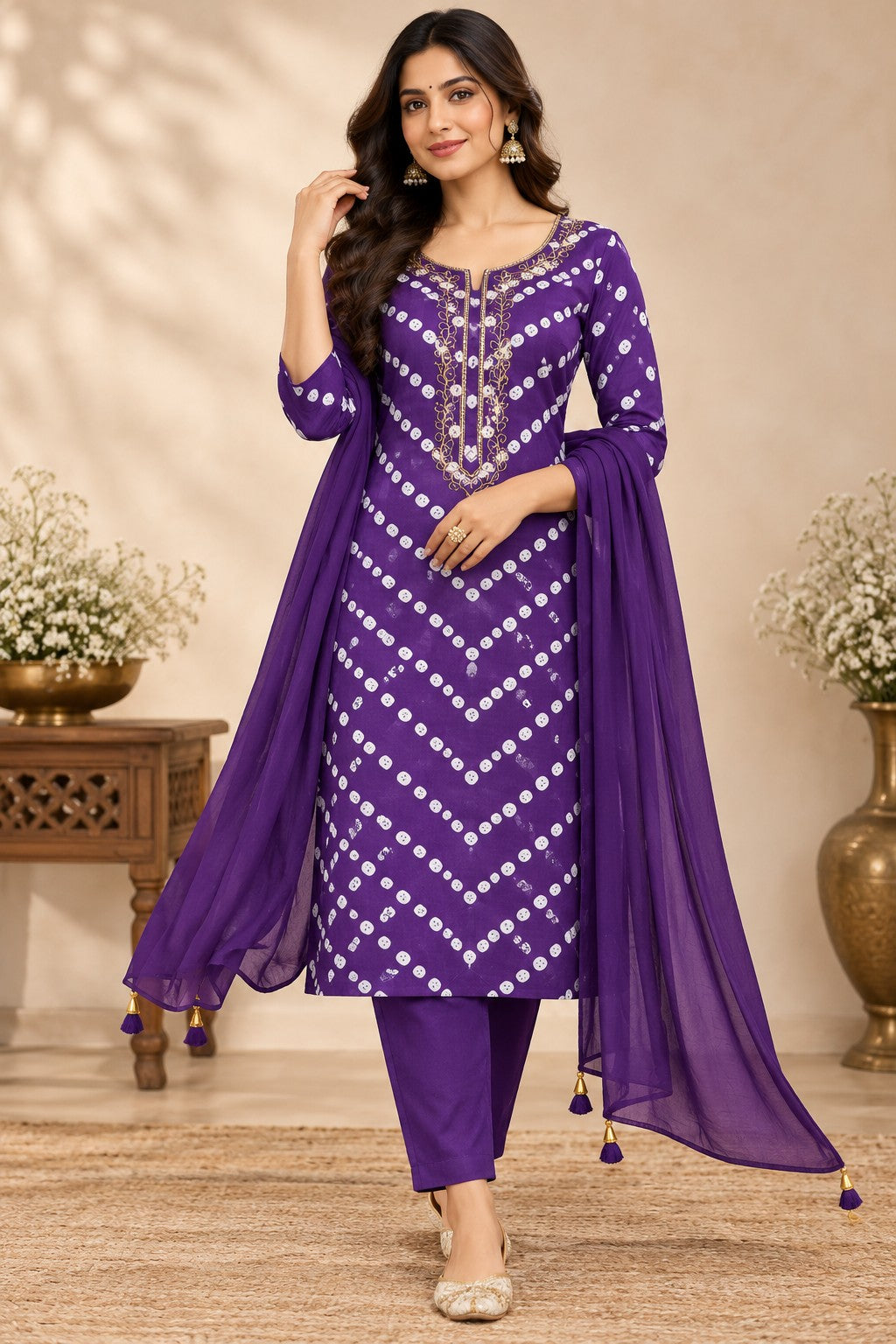 A woman models a purple ethnic salwar kameez suit with white geometric patterns, matching pants, and a sheer dupatta draped over her arm, set against a warm beige background with decorative plants.