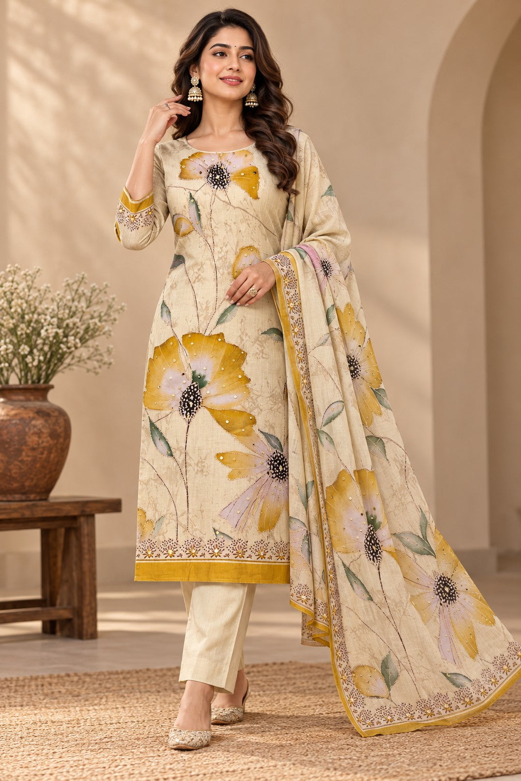 A woman models a traditional Indian salwar kameez suit set in a warm, neutral-toned indoor setting. The set features a cream-colored kurta and trousers with a large yellow and green floral print, a matching dupatta, and gold embroidered borders.