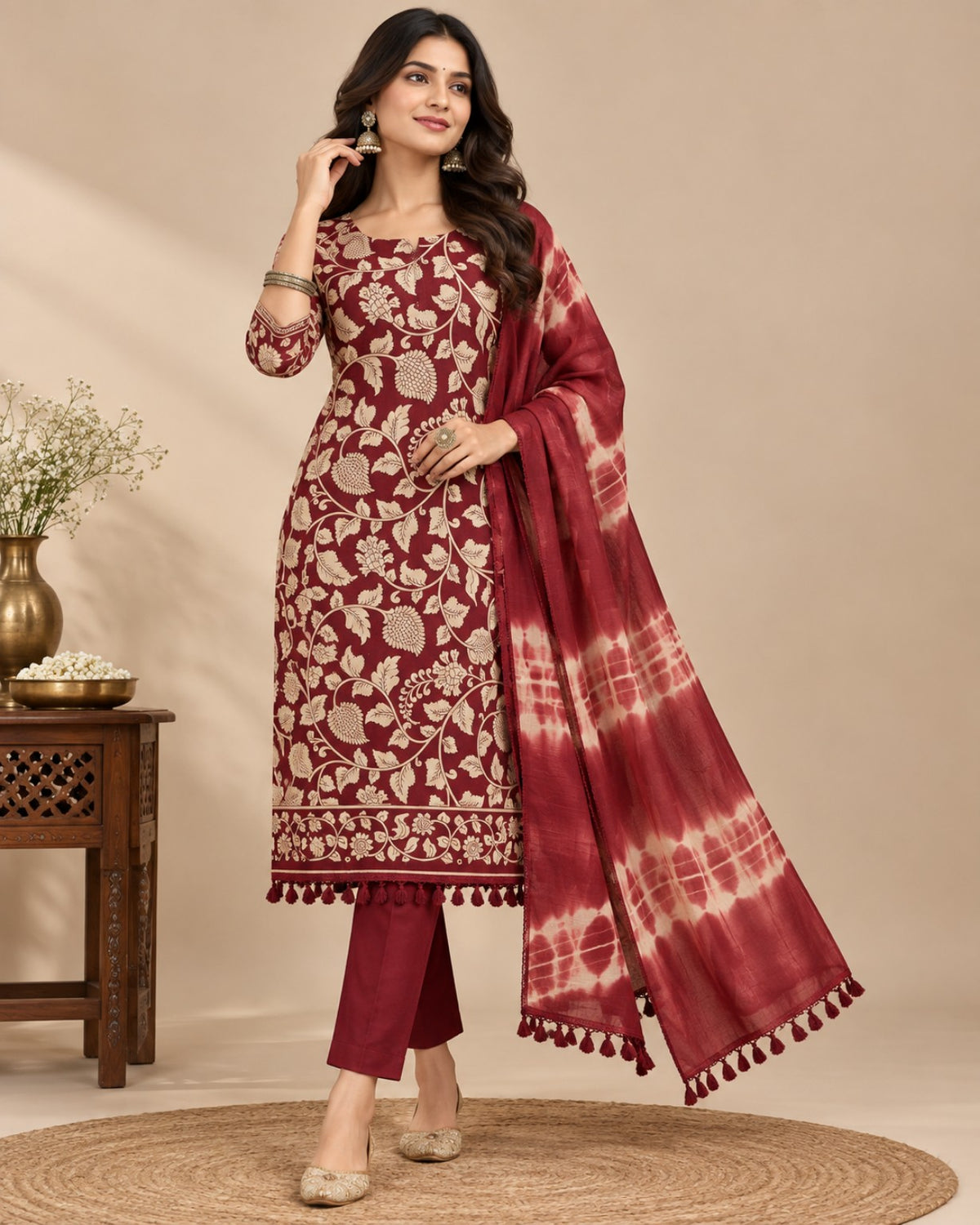 A woman models a traditional Indian salwar kameez suit set in maroon and beige. The set includes a heavily embroidered kameez tunic, matching trousers, and a tie-dye patterned dupatta with tassels, set against a warm beige studio background with a wooden side table and vase.