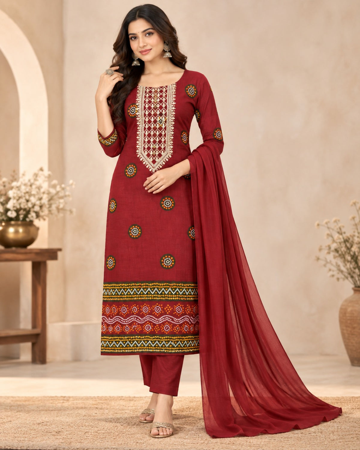A woman models a traditional Indian salwar kameez suit in deep maroon. The kurta features intricate gold, green, and white embroidery around the neckline and a matching geometric border at the hem, paired with matching trousers and a flowing dupatta.