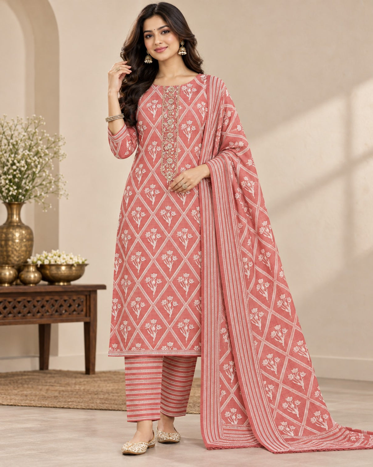 Women Pink Floral Printed Unstitched 3-Piece Suit Set with Embroidered Neckline & Matching Printed Dupatta