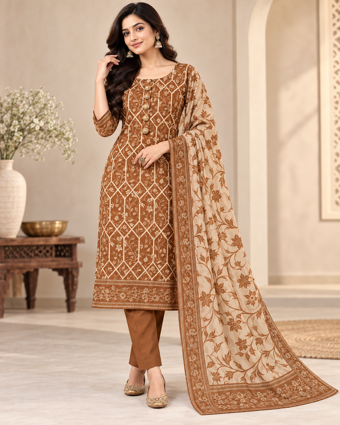 A woman models a traditional Indian salwar kameez suit set in a warm beige and brown tone. The kurta features intricate brown geometric and floral embroidery on a beige base, paired with matching brown trousers and a sheer beige dupatta with a wide brown floral border.
