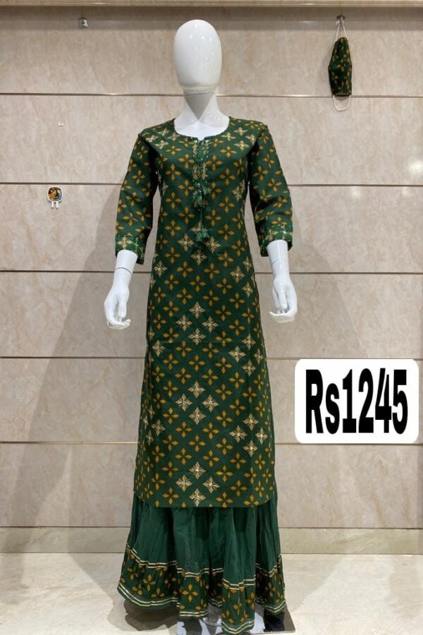 Green Color Cotton Silk kurti Golden thread Work with Sharara and Mask