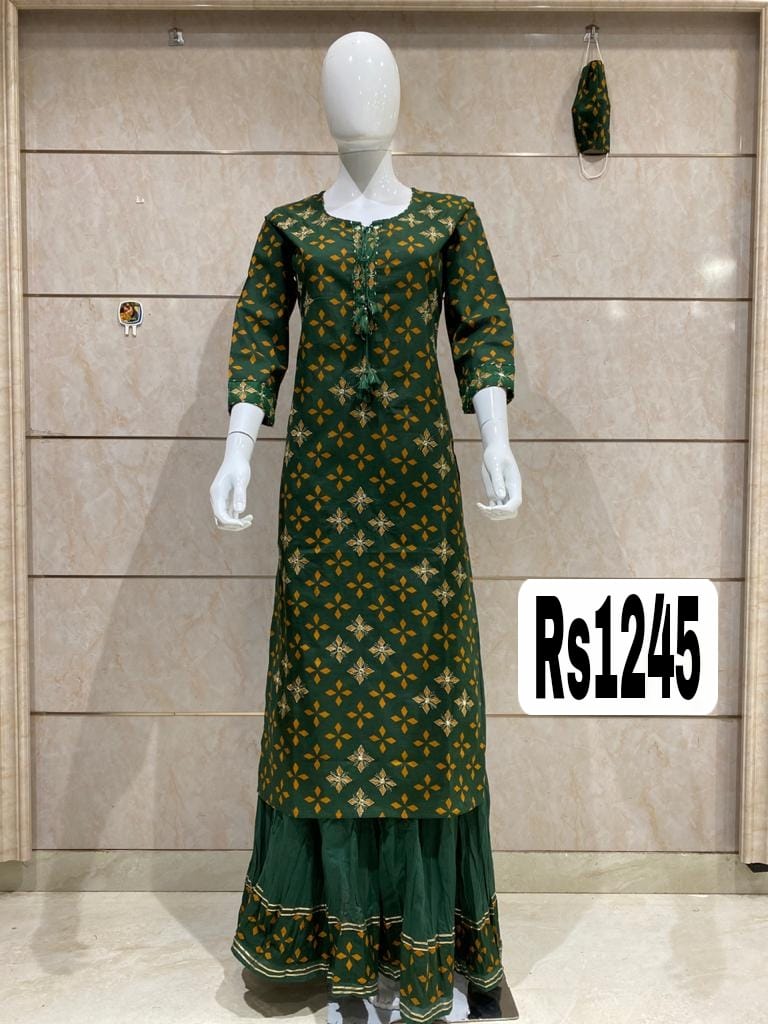 Green Color Cotton Silk kurti Golden thread Work with Sharara and Mask