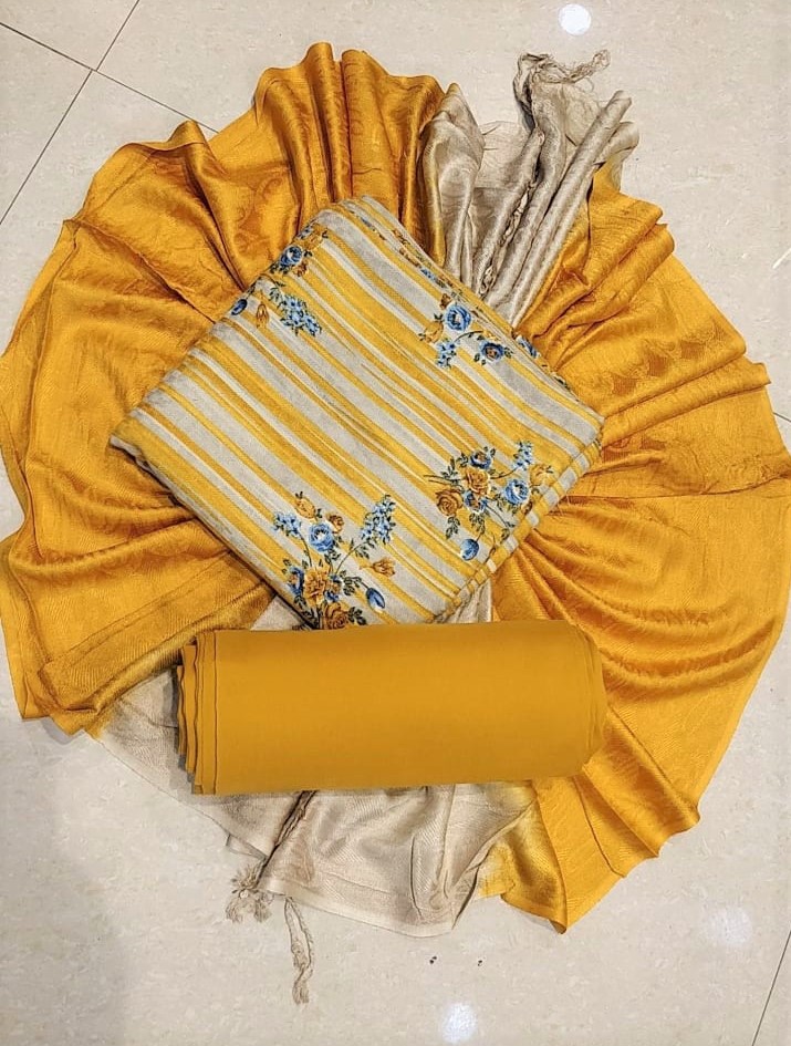Yellow Printed Pashmina Suit with Stall