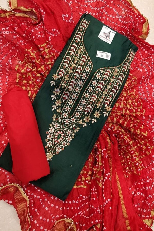 Chanderi Handwork Salwar Suit and Contrasting Red Bandhej Dupatta
