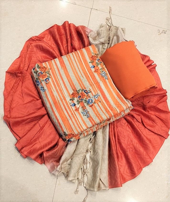 Orange Printed Pashmina Suit with Stall