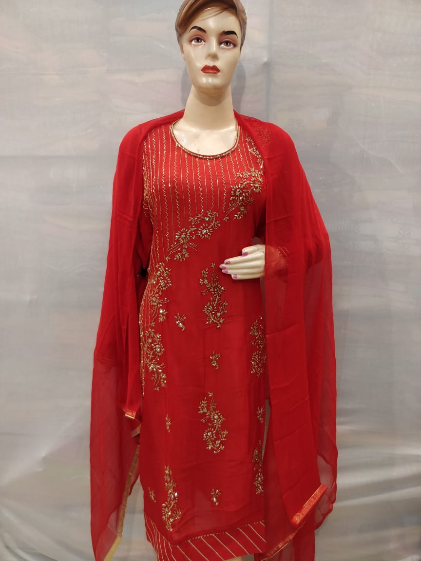 Pretty Red chinon Suit with santoon Bottom and Chiffon Dupatta