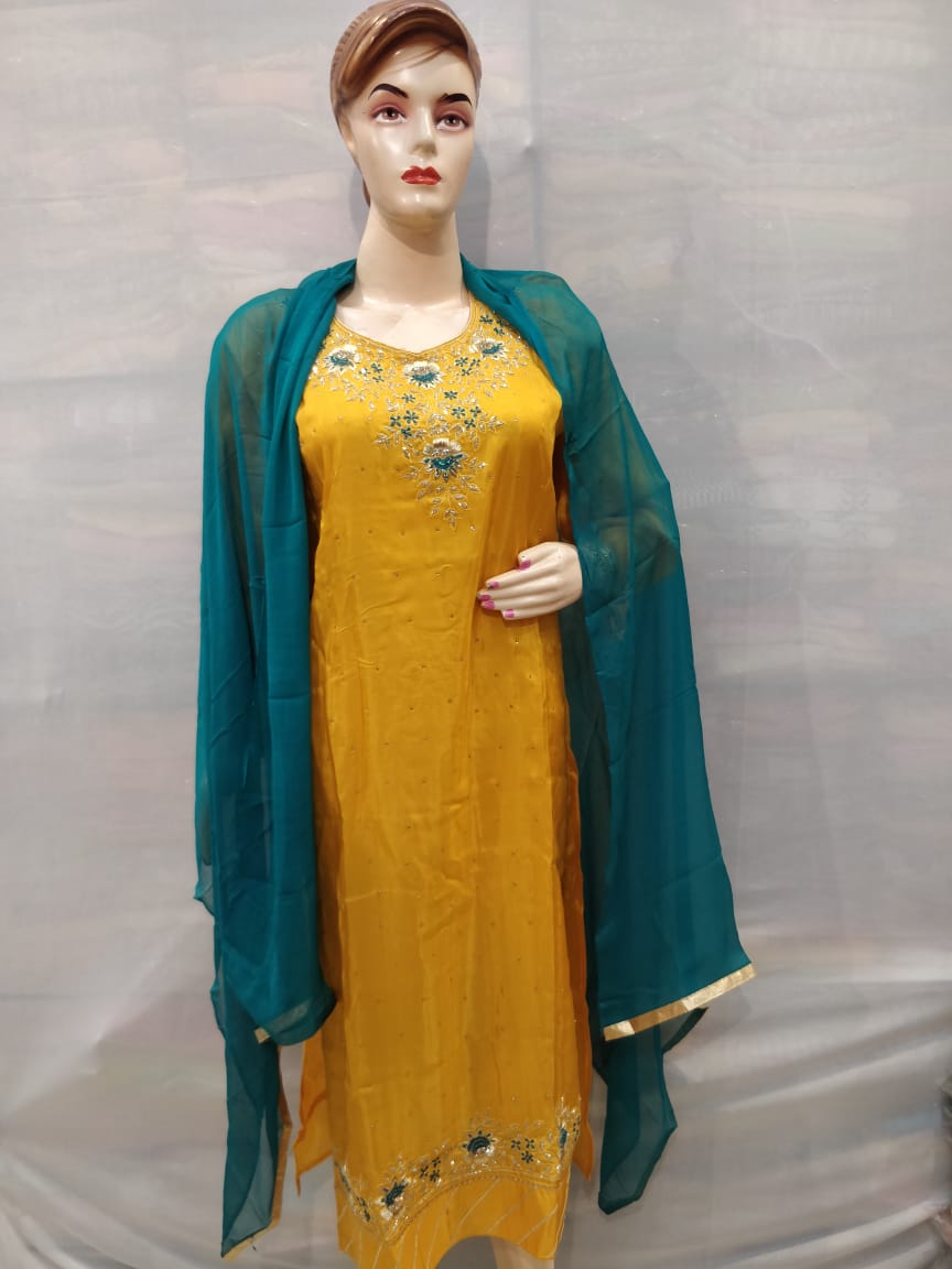 Yellow Coloured senton Salwar Suit with hand Work for Women