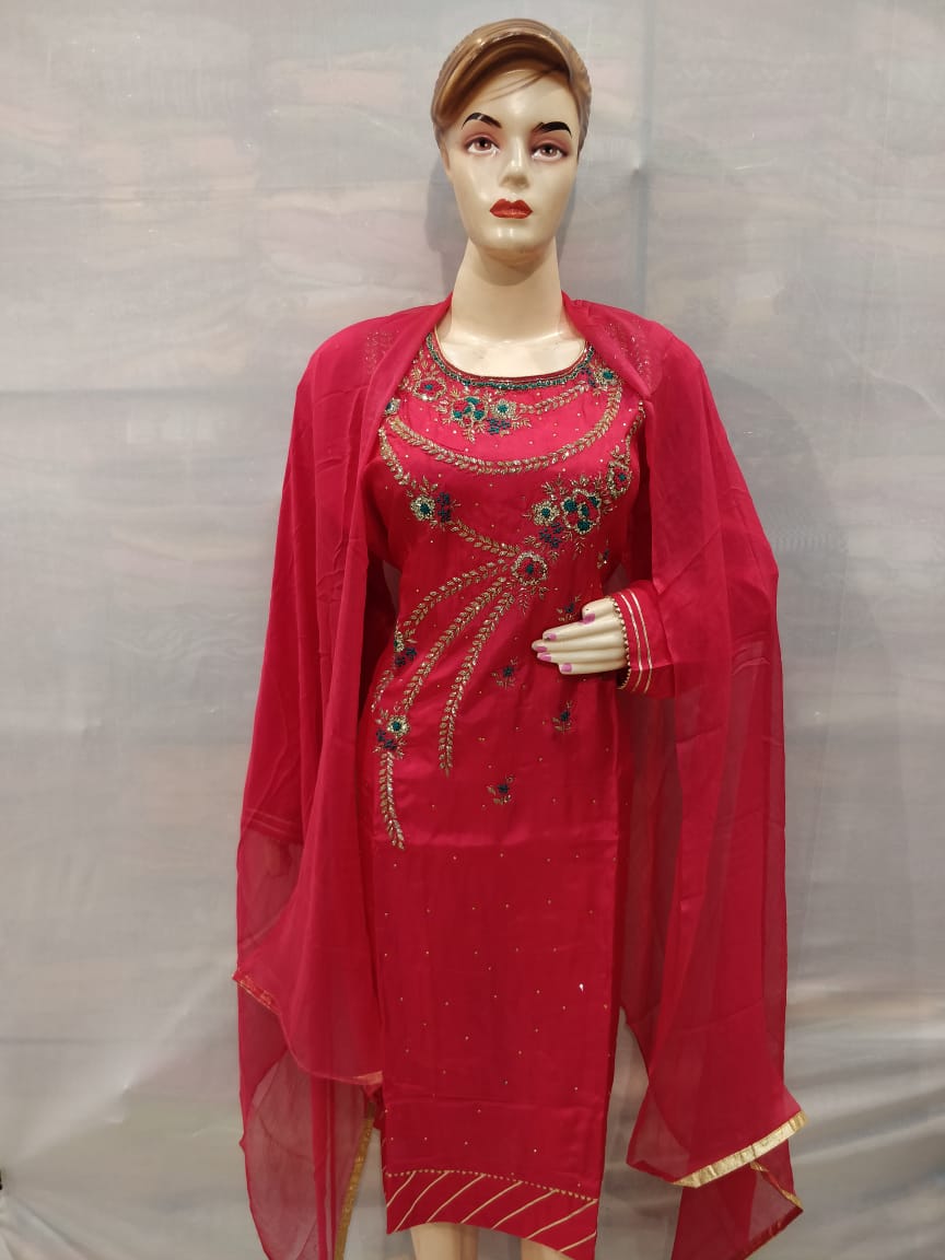 Stylish Red Crape Silk Designer Hand Work Salwar Suit for Women