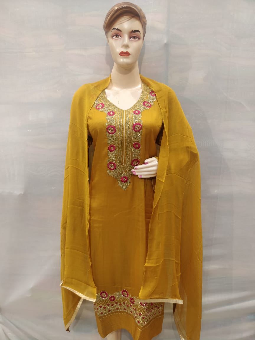 Yellow Coloured senton Salwar Suit Dupatta with Neck hand Work