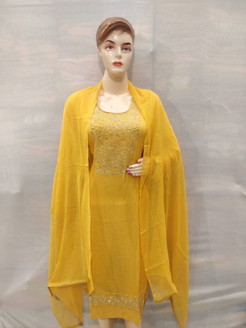 Yellow Coloured senton Salwar Suit Duptta with Neck hand Work