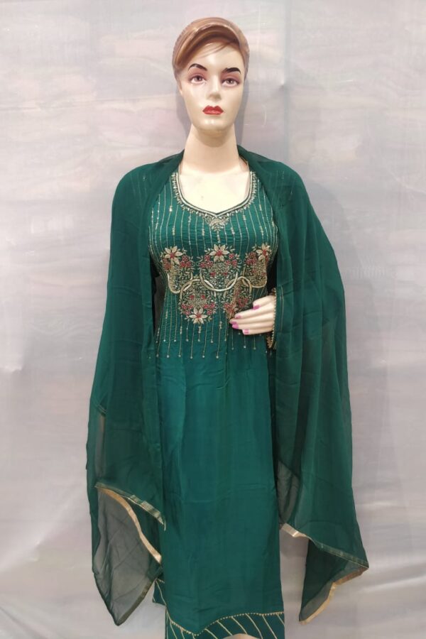 Bottle Green Coloured senton Salwar Suit Dupatta with Neck hand Work