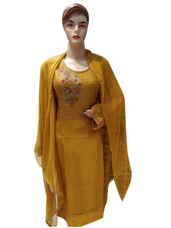 Stylish yellow crape silk with designer thread work salwar suit