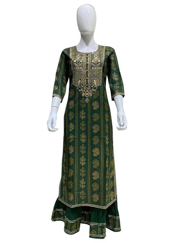Stylish Mehndi Color Cotton Print Kurti with Skirt set for Women