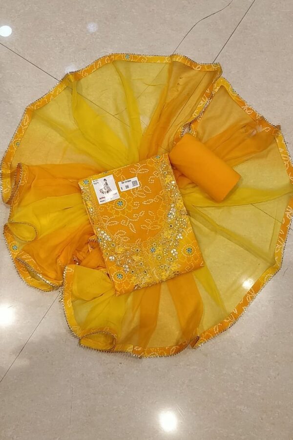 Musted Yellow color cotton suit with senton salwar and Chiffon Dupatta