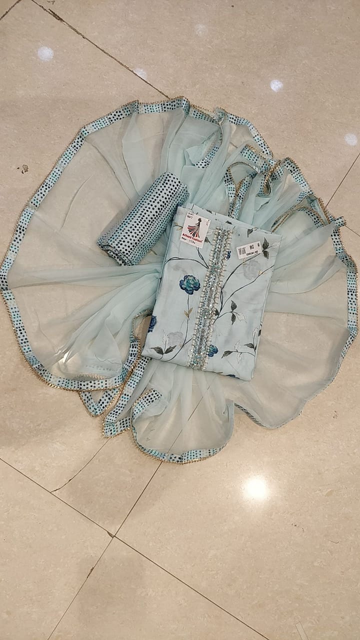 Baby Blue color cotton suit with Opada salwar and Chiffon Dupatta