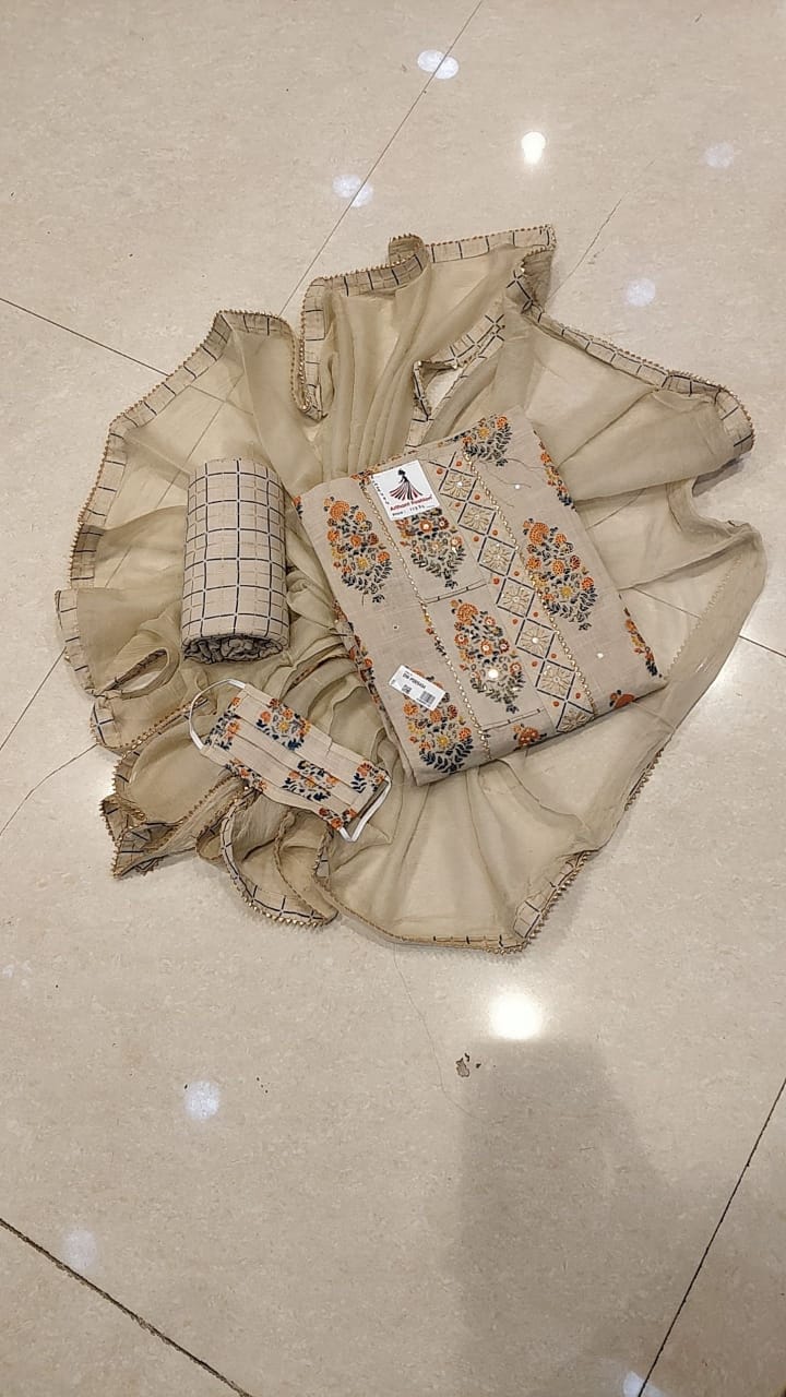 Cream color Cotton suit with Senton salwar and Chiffon Dupatta