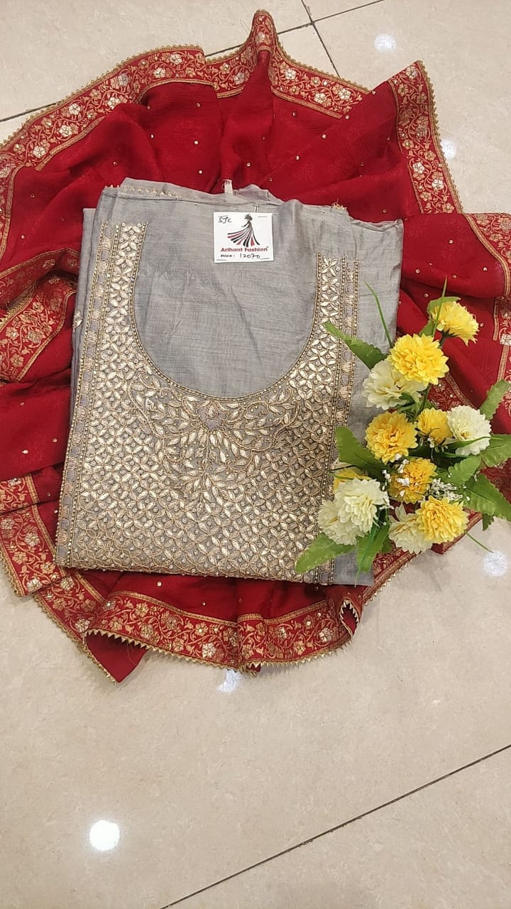 Designer Grey Color Chanderi silk suit with Dupatta