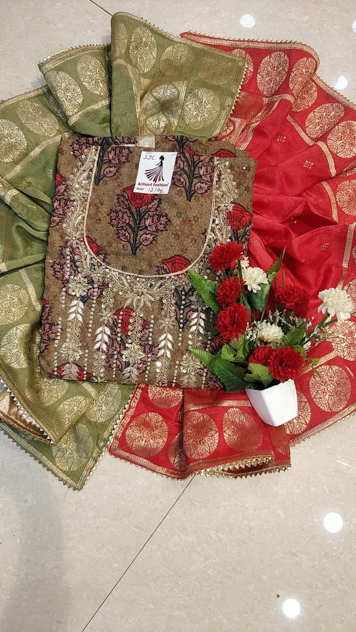 Designer Matalic Brown Color Maslin suit with Banarasi Dupatta