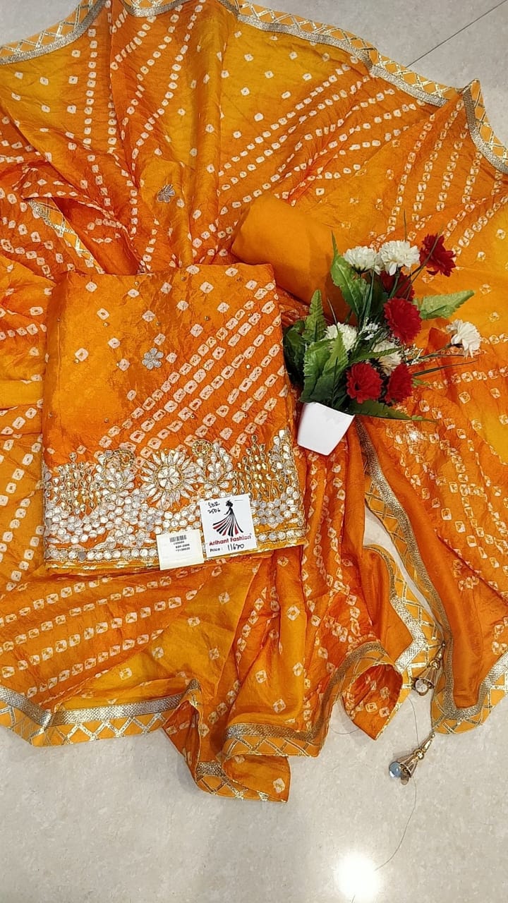 Latest Designer Yellow Color Bhandej Silk Suit