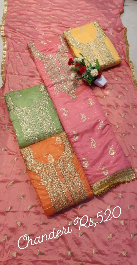 Chanderi Silk Unstitched Suit with Chiffon Dupatta (4-set)