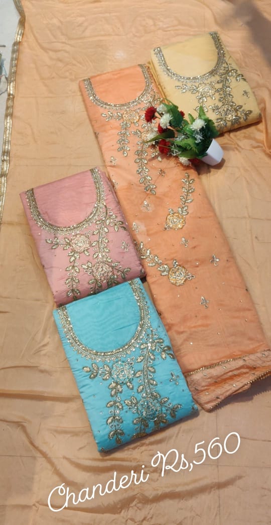 Buy Orange Hand Embroidered Chanderi Silk Suit with Organza Dupatta - Set  of 3 | ABY513/ABY5 | The loom