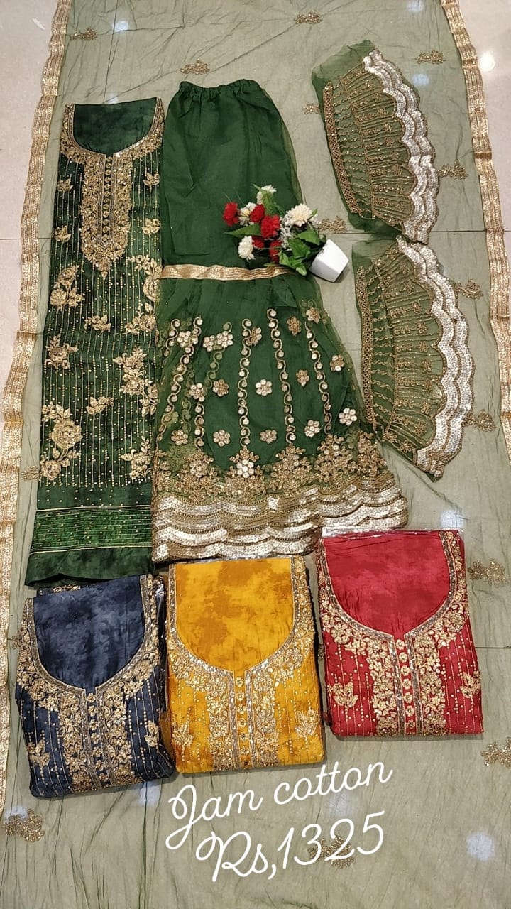 Designer Jaam Cotton Suit With Sharara and Net Duppata