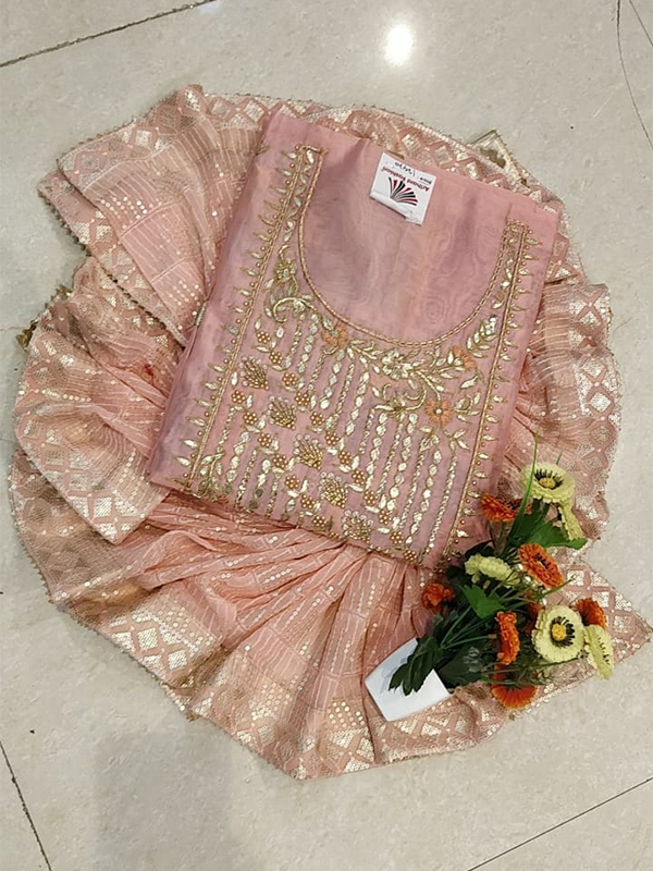 Designer Light Pink Color Chanderi Silk Suit Set