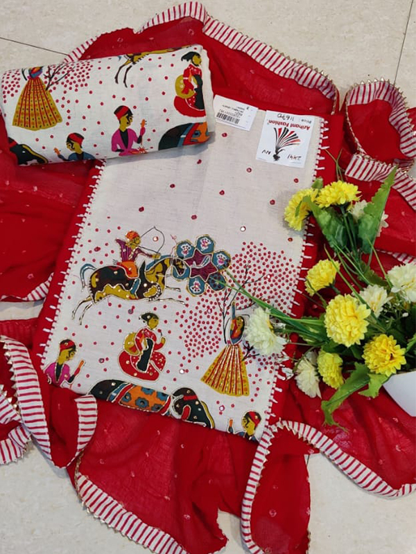 Designer Red Color Cotton Print Suit with Chiffon Dupatta