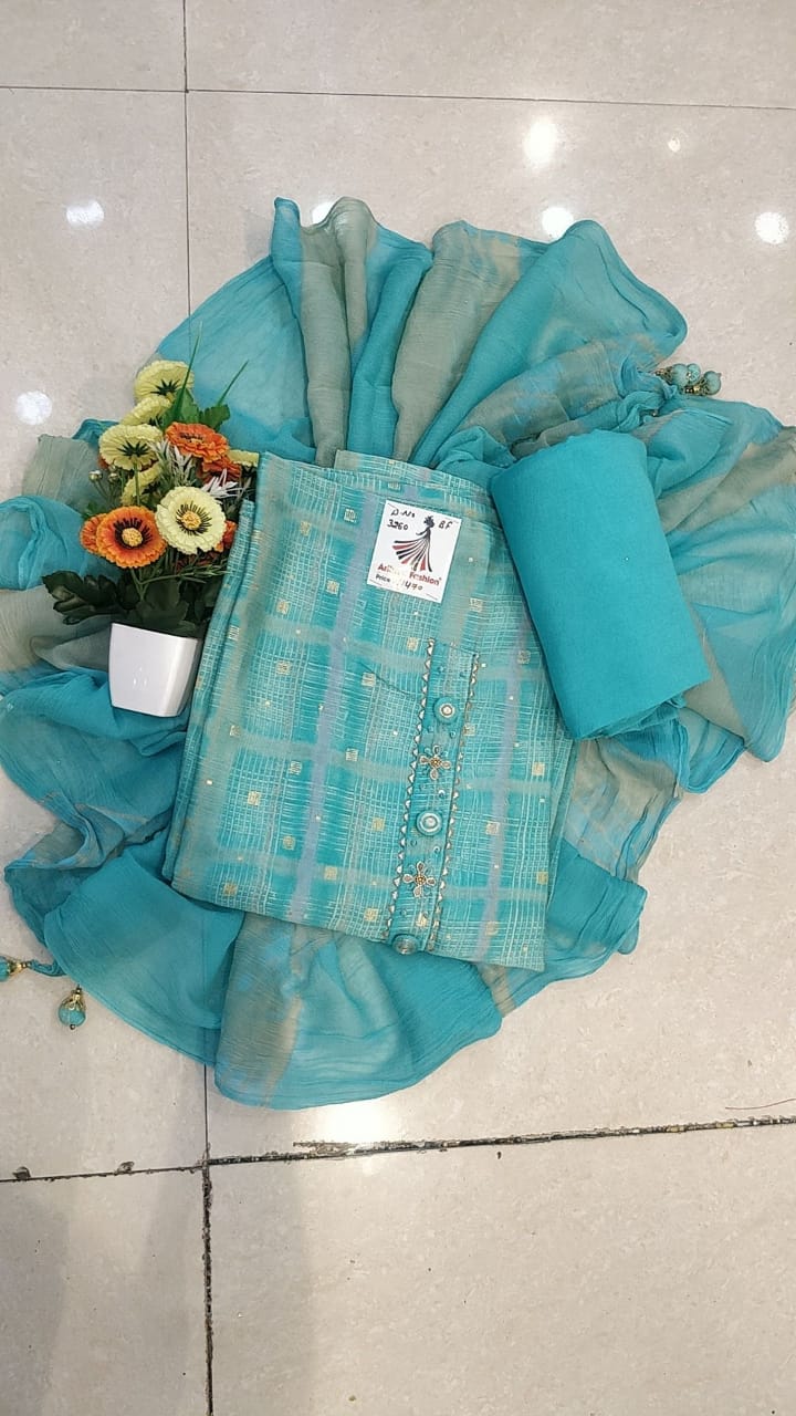 Designer Blue Color Silk Suit With Chiffon Dupatta