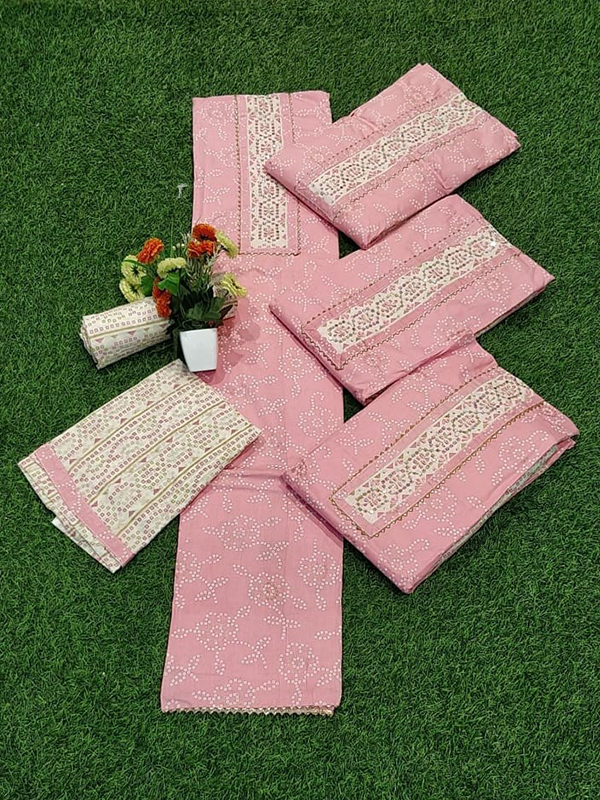 Pink Color Cotton Suit With Cotton salwar Dupatta